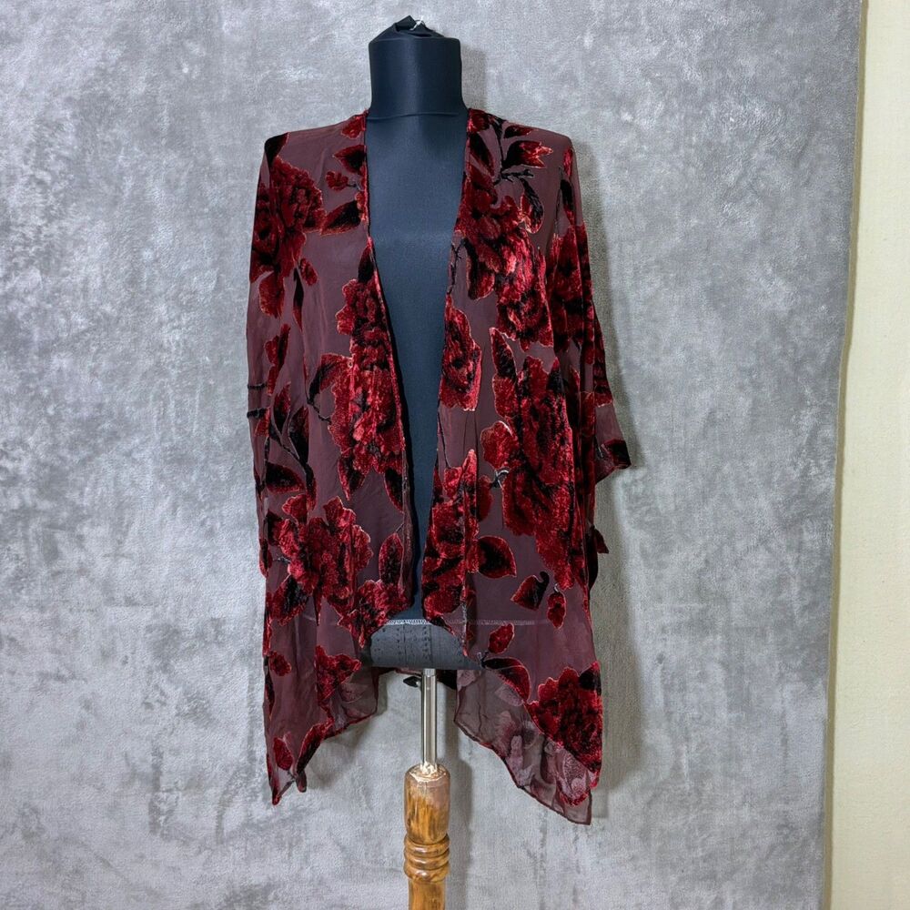 Woven Heart OS Burnout Floral Kimono burgundy open front Whimsigoth Witchy